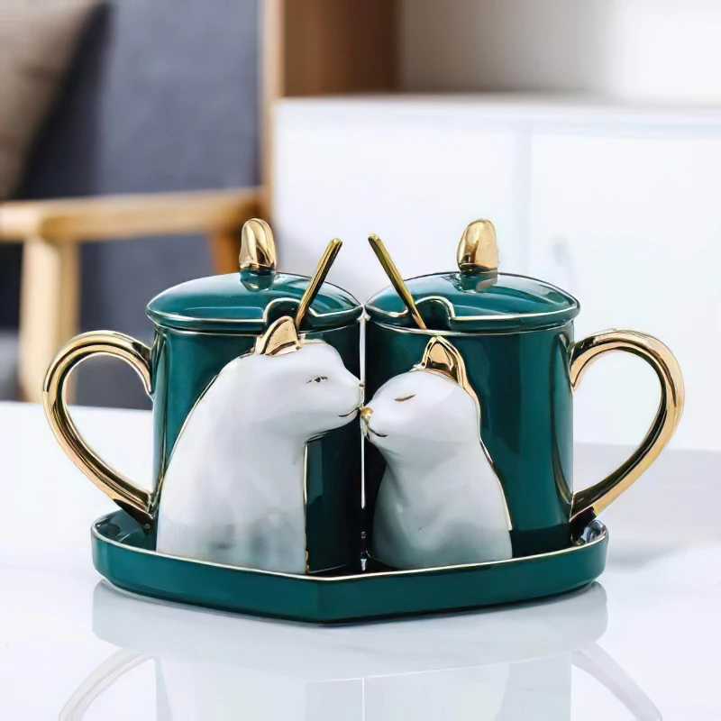 Ceramic Mug Gift Box 1 Pair Nordic Gold Green Relief Cat Couple Cup Heart-shaped Tray Home Kitchen Bar Decoration Drinkware