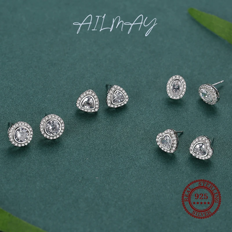 Ailmay 925 Sterling Silver Classic Luxury Love Heart Shape Stud Earrings Clear Zircon for Women Wedding Engagement Jewelry Gift