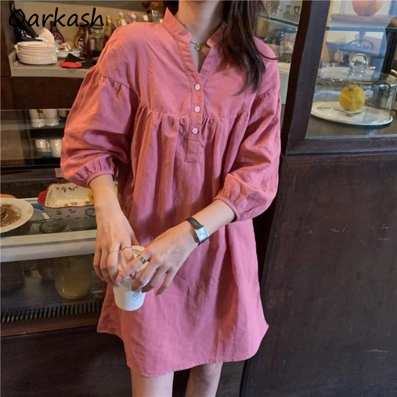 

Dress Women Rosy Simple Spring Loose Tender Chic Raglan Sleeve BF Popular Vintage Daily Clothing Female Basic Retro Lovely Girls