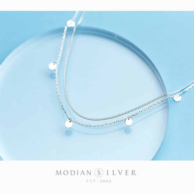 Modian Classic Genuine 925 Sterling Silver Double Layer Sequins Pendant Necklace for Women Adjustable Necklaces Fine Jewelry