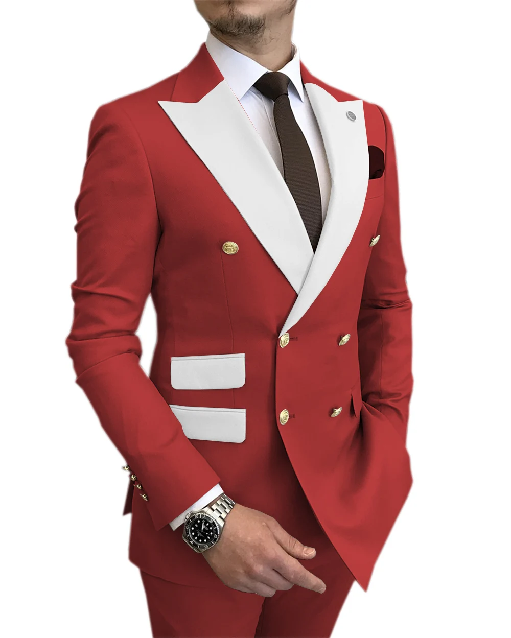 SOLOVEDRESS New Men's Suit Red Slim Double-breasted White Lapel Fashion Groom Best Man Wedding Party (Blazer + Pants) 5XL