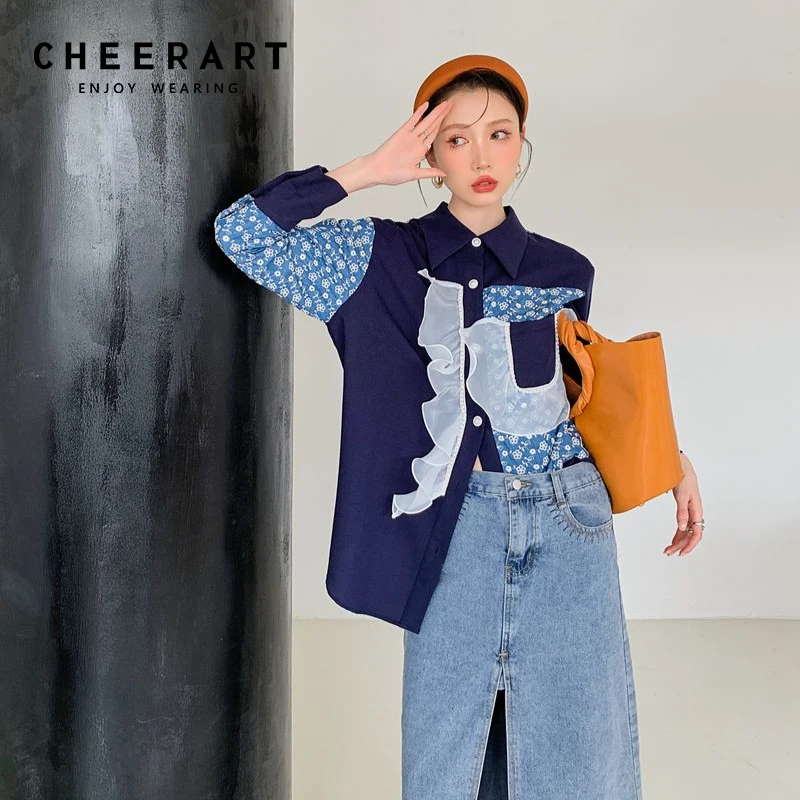 CHEERART Designer Patchwork Long Sleeve Top Button Up Shirt Women Ruffle Floral Print Dark Blue Pearl Fall 2021 Trend Fashion