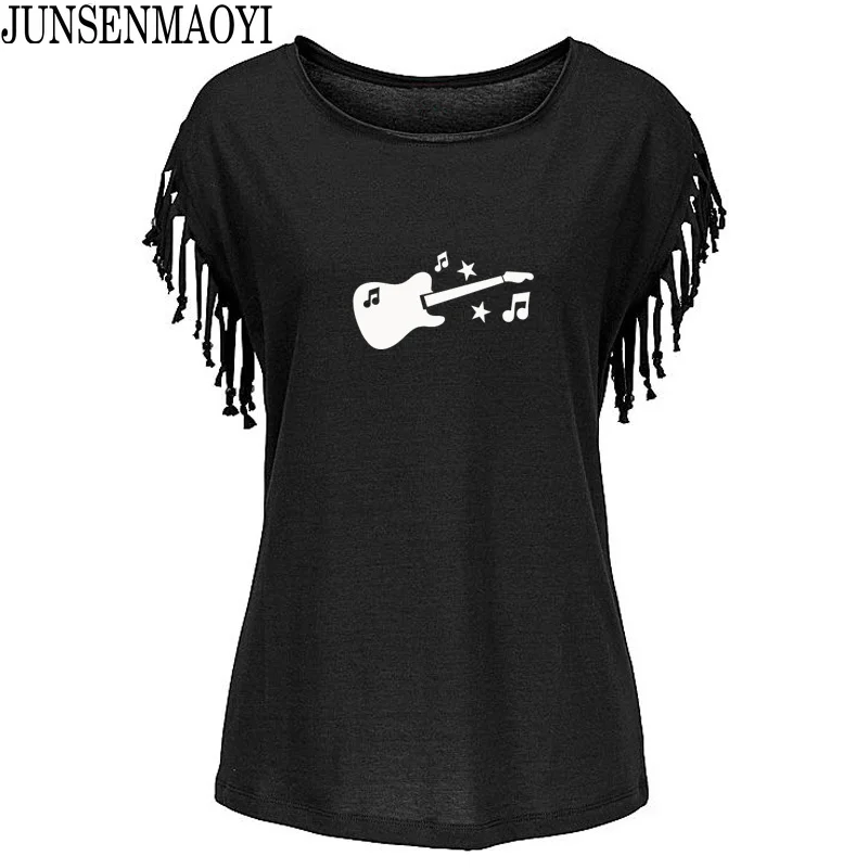 Guitar Music Printed Women T Shirt Cotton O Neck Short sleeve Femme T-shirt tops woman Funny graphic Tassel casual Tee Shirt