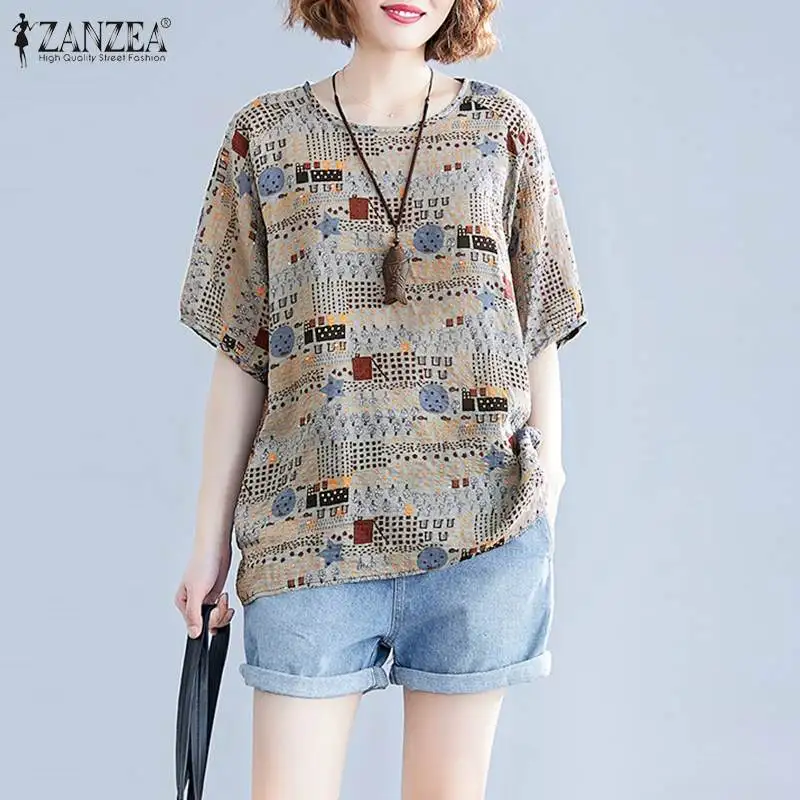 ZANZEA Summer Vintage Floral Printed Blouse Women Bohemian Half Sleeve Loose Shirt Blusas Chemise Tunic Tops Casual