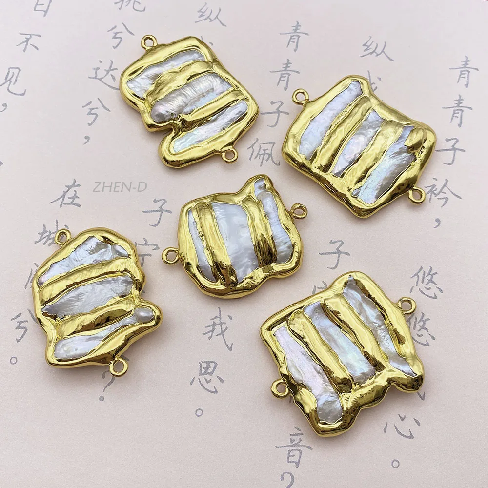 2PC Cultured White Biwa Pearl Pendant Double Ring Metal Bezel Connector Jewelry Making DIY