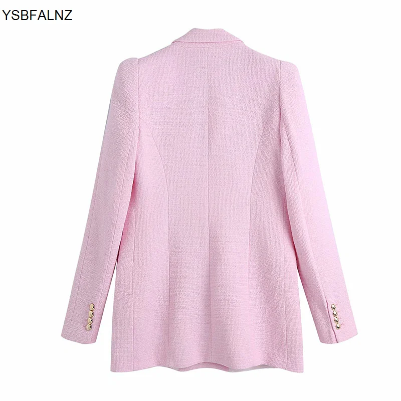 New Women 2023 Blazer Coat Fashion Double Breasted Pink Tweed Vintage Long Sleeve Jacket Female Outerwear Chic Veste Femme