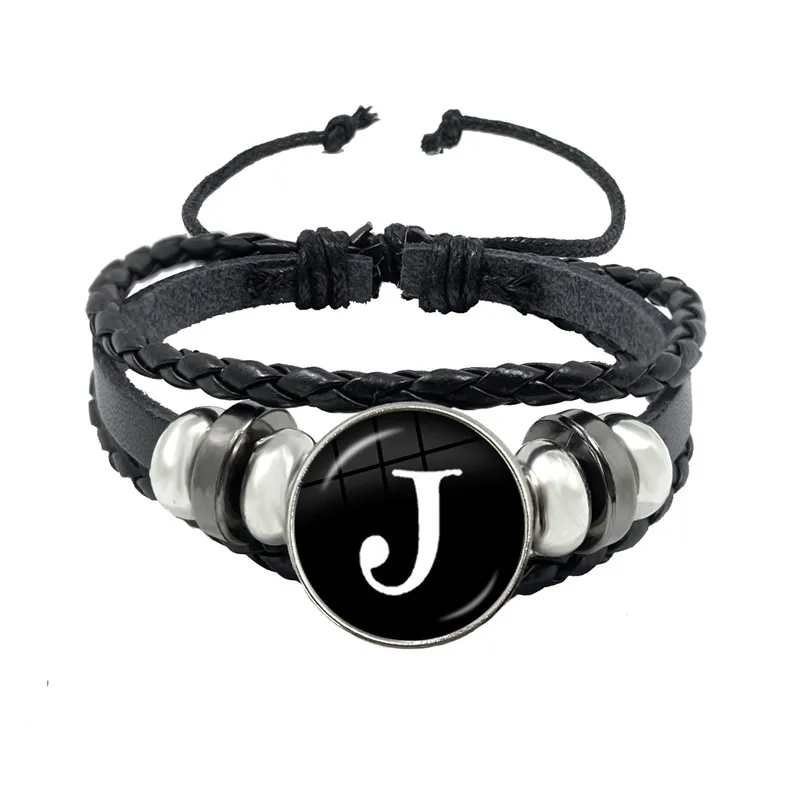 26 Letter Bracelet Personality Team Name Rope Bracelet Black Button Leather Glass Bracelet Male Female Fashion Accessories Gift