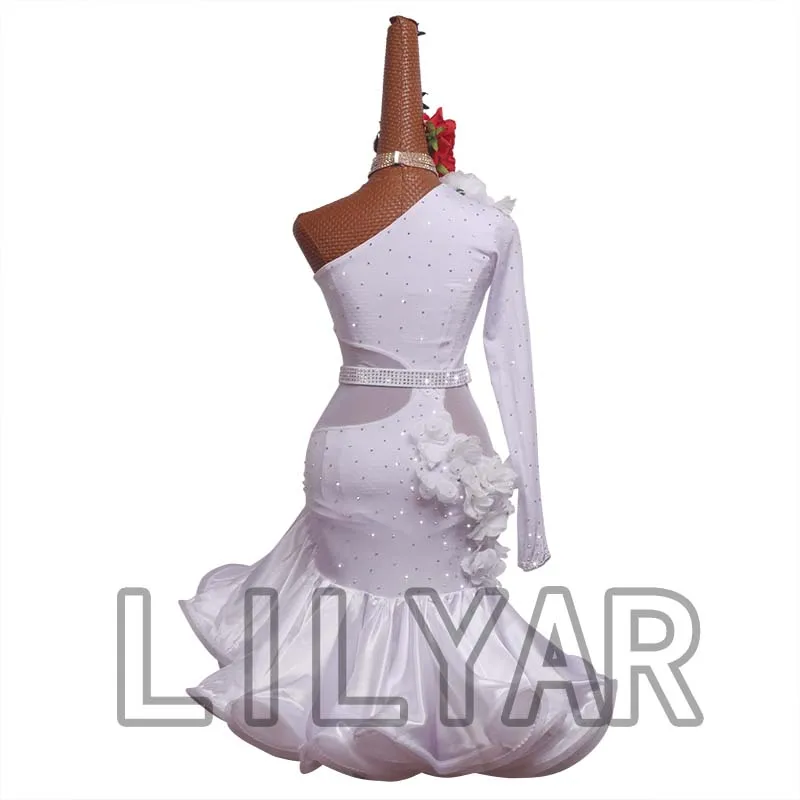 Latin Dance Dress Latin Skirt Competition Dress Costumes Performing Dress Practice Skirt Customize Adult Kids Lady White Flower1