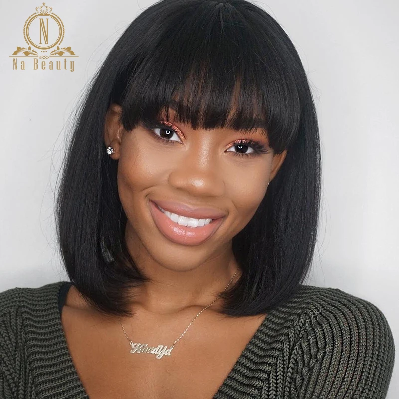 Straight Human Hair Wig with Front Bangs Black Highlight Blonde Brown Fringe Wig For Black Women Full Machine Wig Na beauty