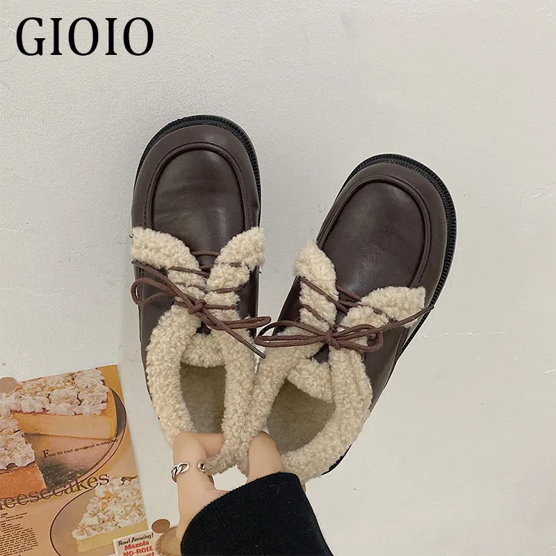 Gioio Fashion Snow Women's  Cotton  Shoes Plus  thick-soled Causal Warm Women's Shoe Short Plush Black Brown British Style