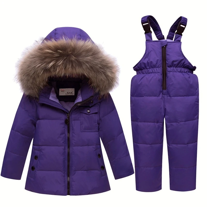 New Winter Boy Girl Ski suit Baby Winter Warm Clothes Sets  Snowsuit Children Fur Hooded Down Jacket Coat 5 Colors