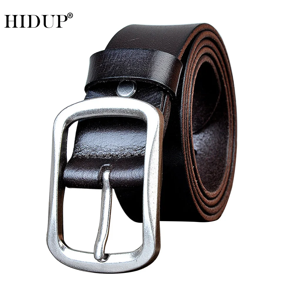 

HIDUP Men's Quality Cowhide Sliver Alloy Pin Model Metal Belts Solid Cowskin for Men Cow Genuine Leather Belt 3.8cm Width NWJ992