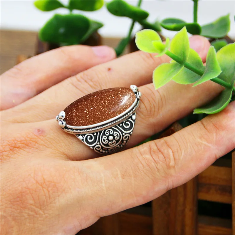 Irregular Eye Golden Sequins Stone Rings For Women Flower Band Shinning Stone Ring Real  Antique Silver Plated Fashion Jewelry