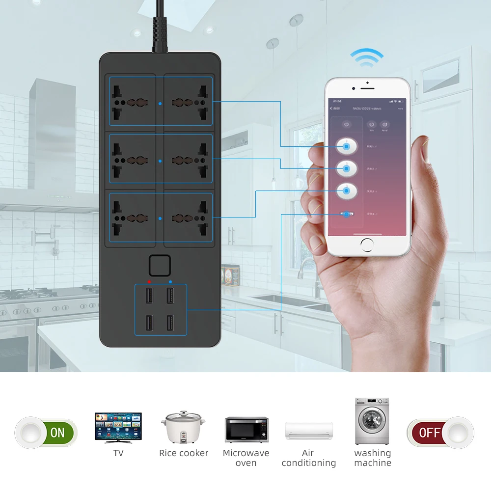 WIFI Smart Power Strip Universal with 5V3.1A Alexa Google Home Bluetooth Control Multi Plug 6AC 4USB Voice Control UK/EU/US/AU