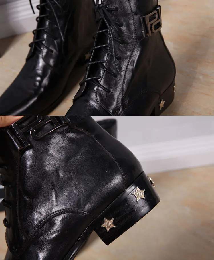 Herren-Chelsea-Stiefel aus echtem, glänzendem Leder, spitzer Zehenbereich, mit Nieten verziert, Schnürstiefel, luxuriöse Mode für Herbst, Bankette und Partys – Detail 10