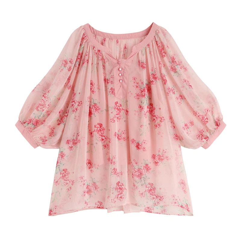 Summer Original Design Women Fresh Sweet Pink Oversized Blouses Lantern Sleeve Floral Print Casual Loose Chiffon Shirts