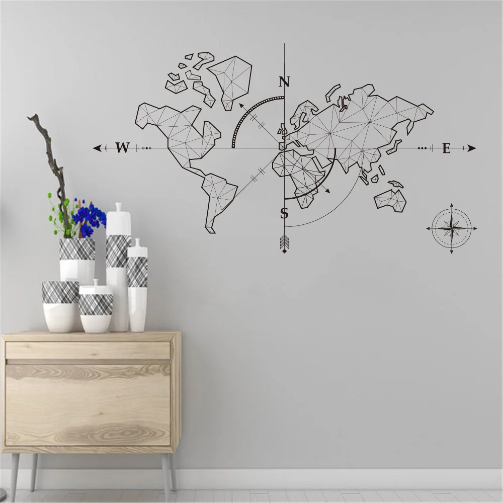 Large World Map Compass Earth Wall Sticker Office Classroom World Map Global Exploration Adventure Wall Decal Vinyl Decor