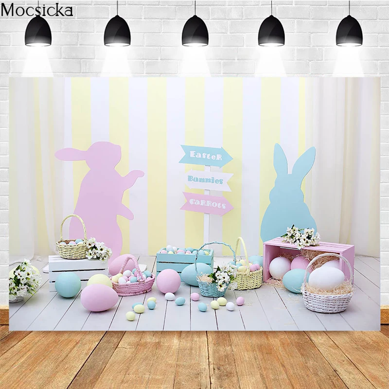 Mocsicka Easter Party Photography Background Bunny Eggs Wooden Box Decoration Props Baby Shower Photo Backdrop Banner