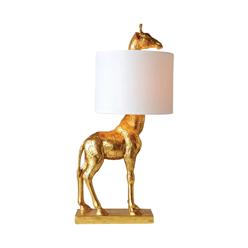 Nordic Giraffe Table Lamp Living Room Luxury Art Deco Study Bedroom Bedside Resin animal Gold white Fabric table lights Lighting