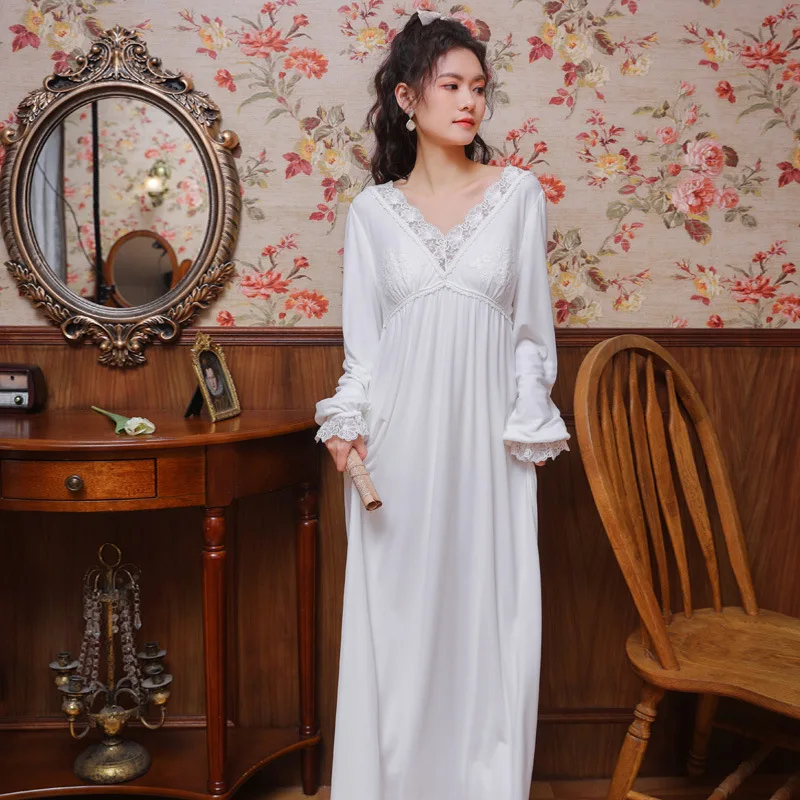 Sexy Women Long Nightgown Spring New V-neck Mesh Modal Long Sleeve Lace Princess Embroidery Nightdress Loose Home Clothes