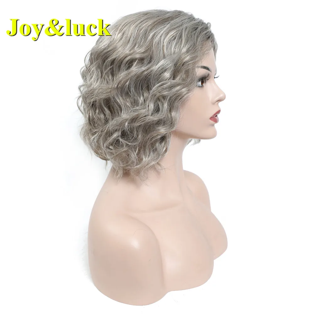 Joy&luck Short Water Wave Wig Ombre Grey Synthetic Wigs For Women Hair Wigs With Bangs Cosplay Or Party Hair Wigs