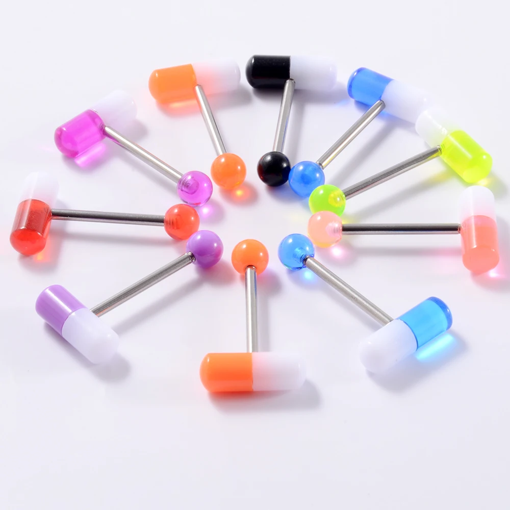 10pcs/Lot Surgical Steel Acrylic Pill Top Colorful Capsule Tongue Ring Piercing Jewelry Women Tongue Ring Bars Barbell 14G