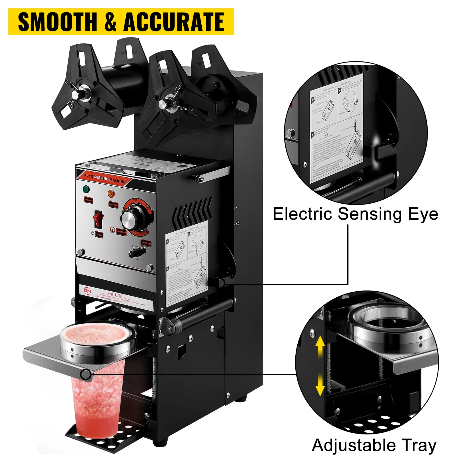 VEVOR Cup Sealing Machine Black Semi-automatic 90/95 MM 300-500 Cups/Hour Accurate Temperature & Time Setup Electric Cup Sealer