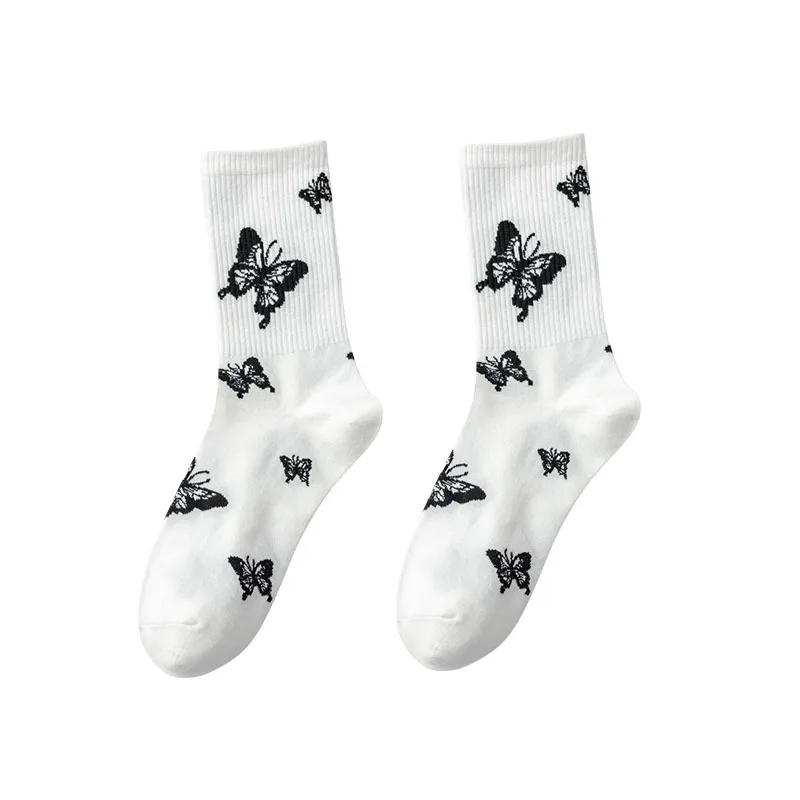 Calcetines transpirables de algodón puro para mujer, medias con estampado de mariposas y animales, peinados, bonitos y encantadores