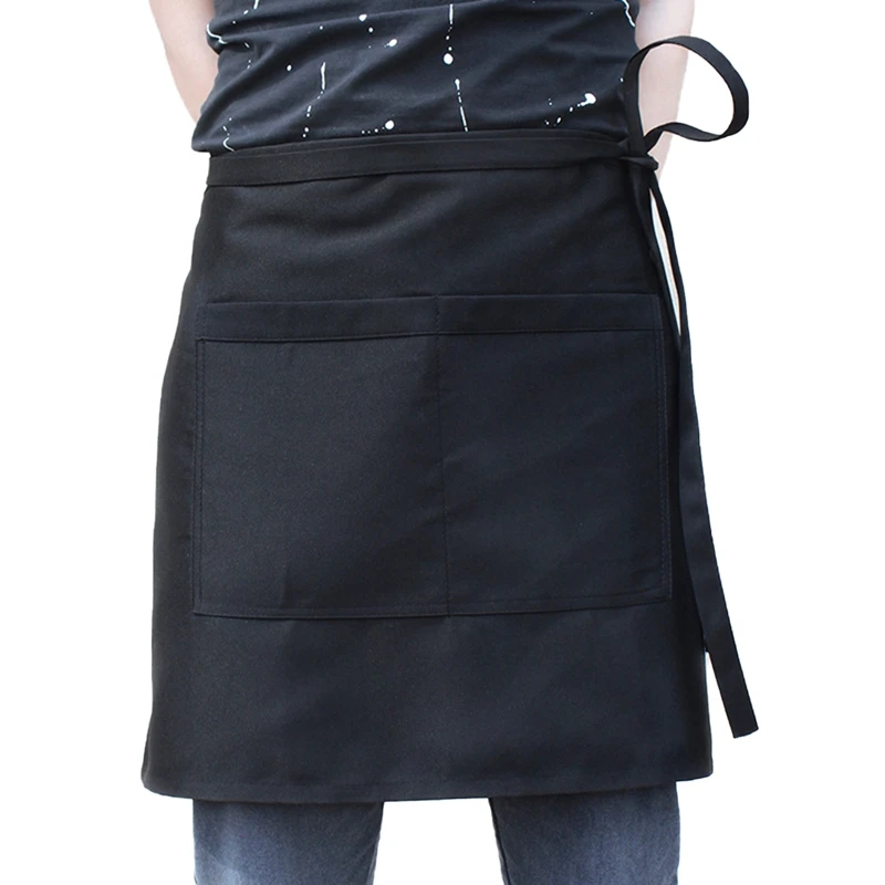 Kitchen Waist Apron Waterproof Solid Color Simple Unisex Cooking Apron Work Apron With 2 Pockets Home Apron Restaurant Work Wear