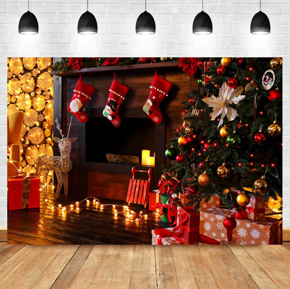 Laeacco Indoor Fireplace Wood Christmas Tree Gifts Socks Baby Birthday Backdrop Photographic Photo Background For Photo Studio