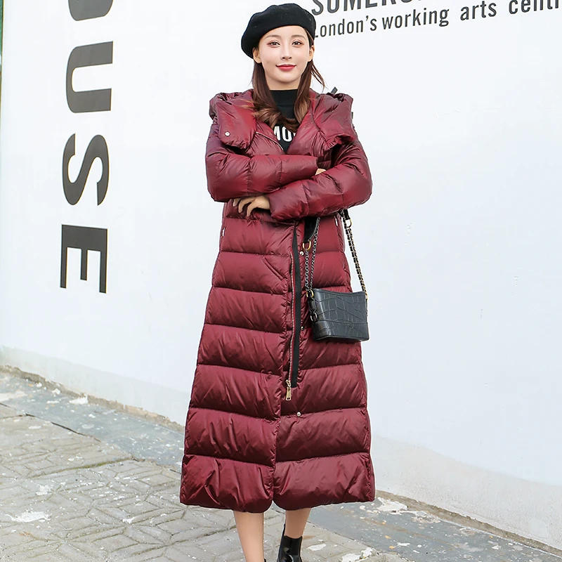 

4 Colros Hooded Warm Duck Down Coats Women's Longer Down Coat Female Winter Long Sleeve Hooded Warm Down Parkas wy333