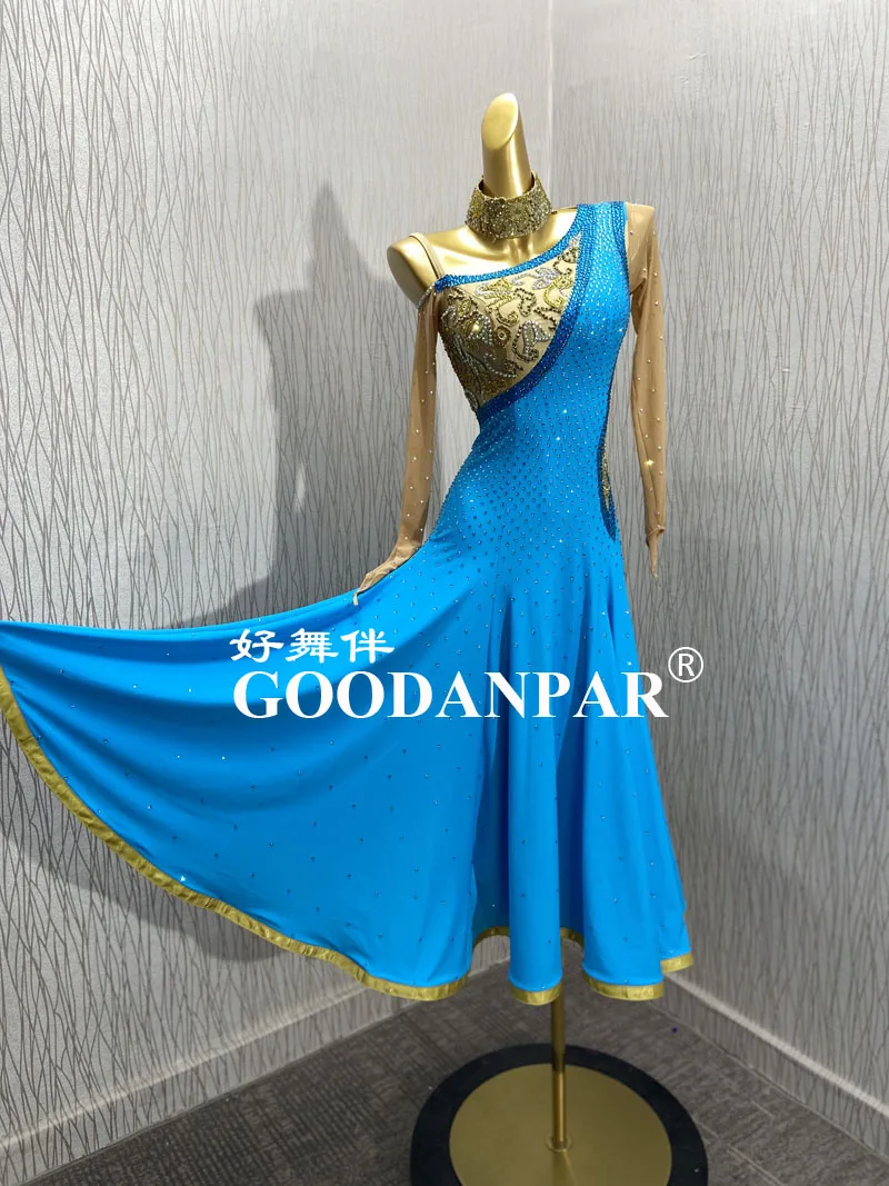 GOODANPAR new Modern Competition Waltz Tango Ballroom Dance Dress Standard Girls Women bule smooth dress Long Sleeve