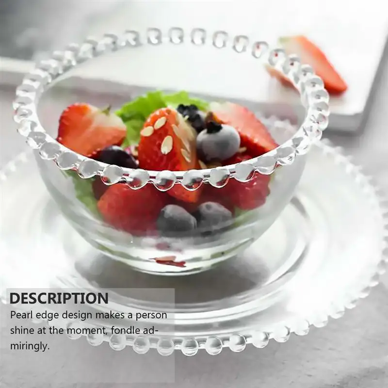 1Pc Glass Bowl Pearl Edge Design Chic Vegetable Salad Bowl Fruit Plate Transparent Dessert Appetizer Round Bowl Food Container