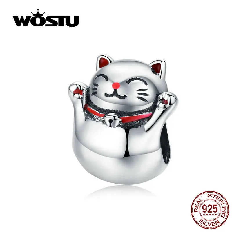 WOSTU Authentic 925 Sterling Silver Maneki Neko Cat Beads Charms Pendant Fit Bracelets Women Party DIY Fine Jewelry Gift Making