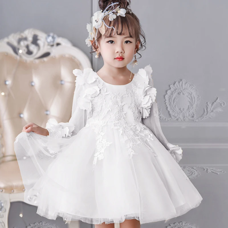 

2-10 Years White Baby Girl Long Sleeve Party Dress Birthday Wedding Princess Toddler Floral Clothes Children Kids Dresses