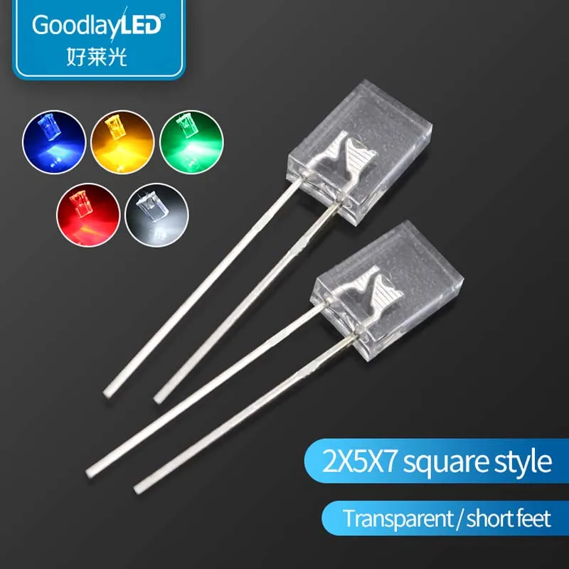 1000PCS 2x5x7 Square Transparent Short Leg White Red Blue Yellow Green Light-Emitting Diode LED