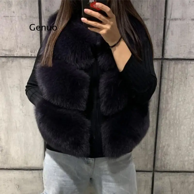 Autumn Winter Thick Warm Faux Fox Fur Vest Women High Quality Fashion V-Neck Short Fur Coat Female Fur Waistcoat