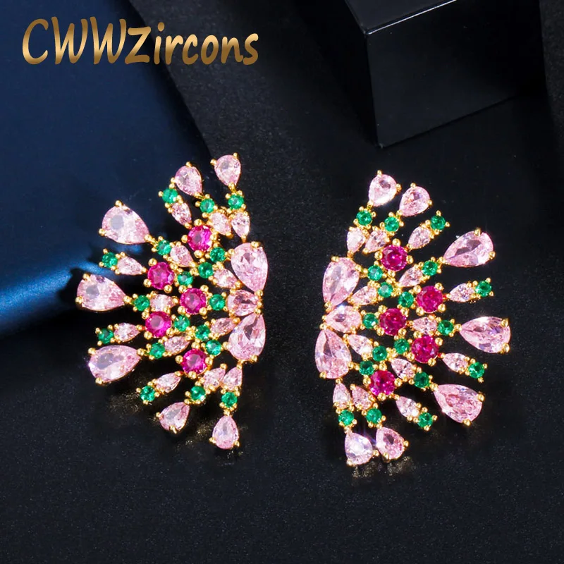 CWWZircons Symmetrical Punk Flower Green Pink Cubic Zirconia Large Stud Earrings for Women Luxury Jewelry Accessories CZ705