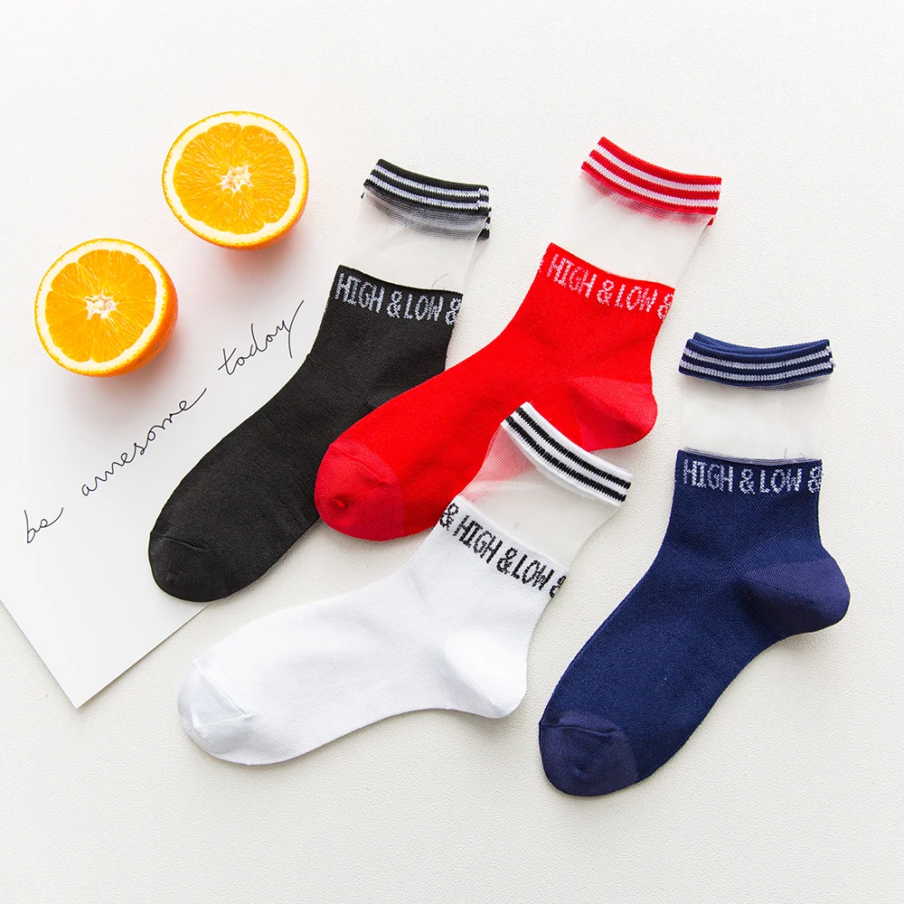 Women's Socks Cotton Spring And Summer New Card Stockings Stitching Sports Letters Short Tube Fashion Transparent Anti-Snagging