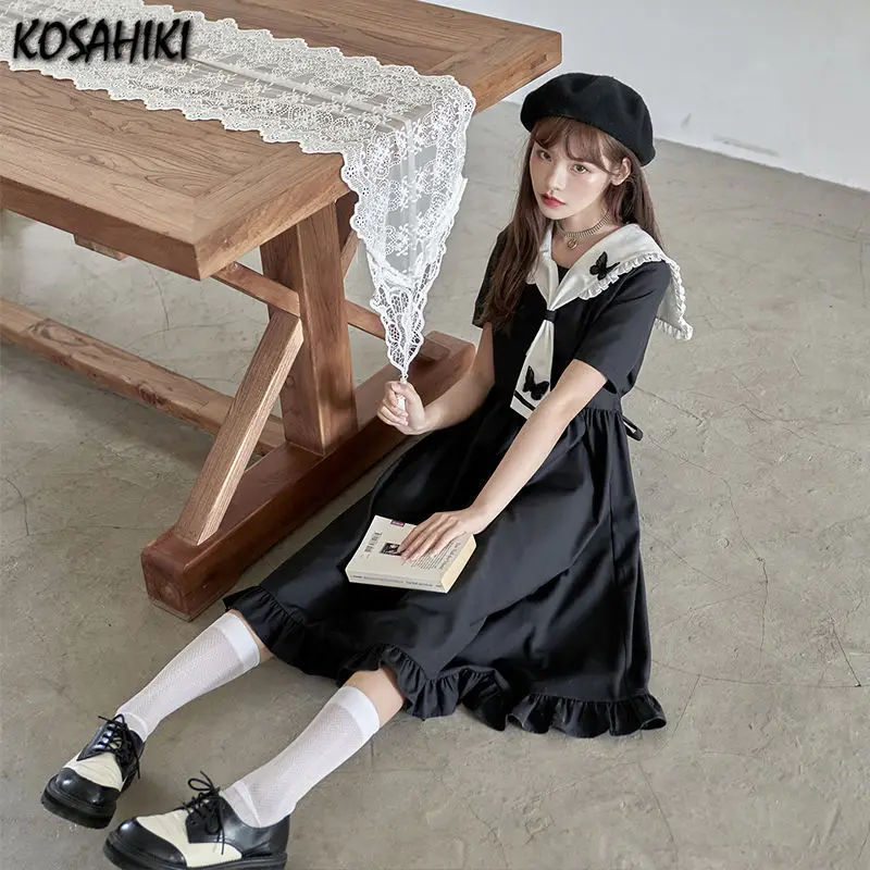 KOSAHIKI-vestido de Lolita gótico oscuro para mujer, Estilo Vintage Preppy, encaje dulce, cuello vuelto, bata suelta, Harajuku japonés