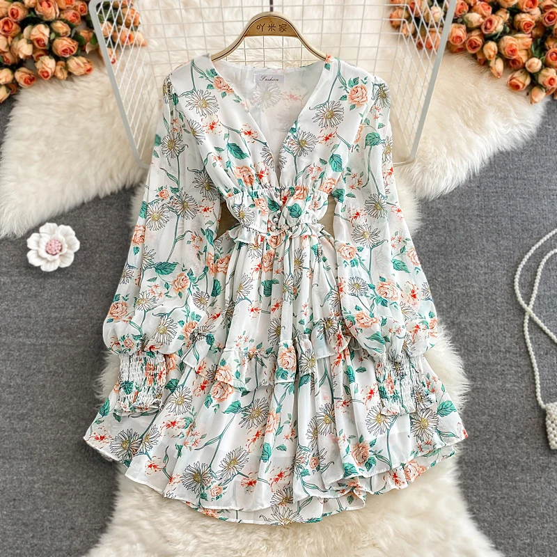 Autumn Women Floral Chiffon Mini Dress Sexy V-Neck Lantern Long Sleeve Ruffle Vestidos Pink/Green/Blue Robe Female Fashion 2021