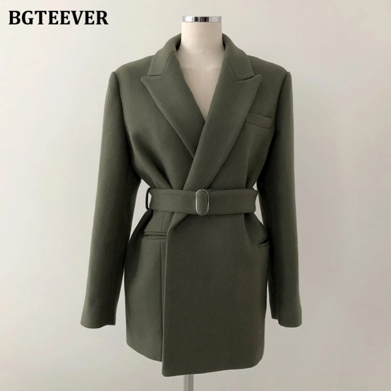 BGTEEVER Chic Elegant Woolen & Blends Blazer Women Autumn Winter Thick Warm Full Sleeve Belted Sashes Female Suit Jackets 2020