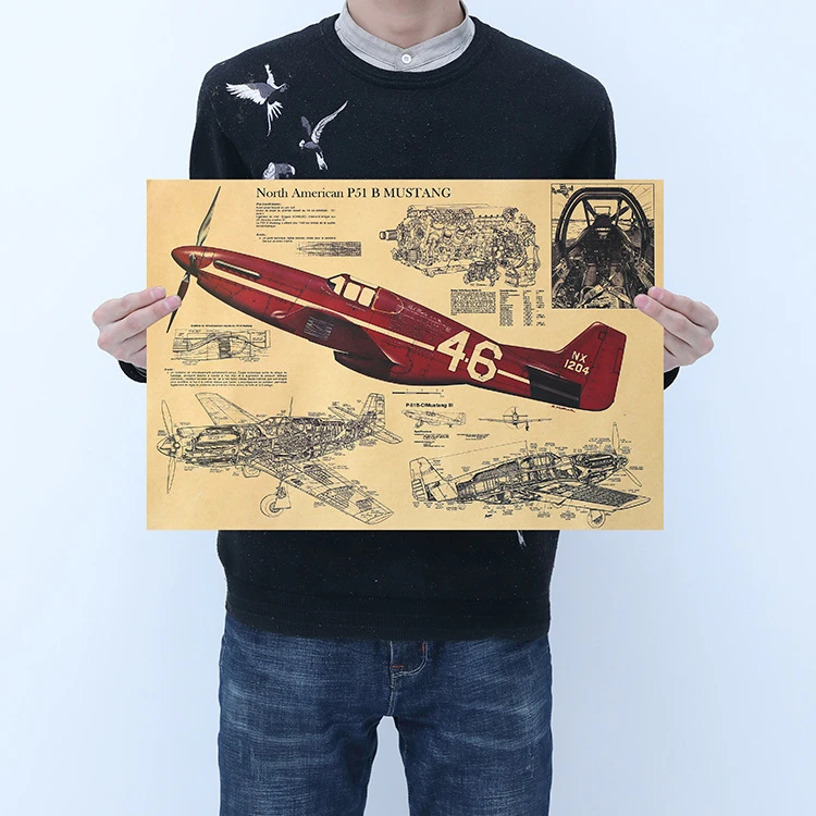 Vintage P51 Fighter Structural Drawing Poster Room Decoration Stickers Home Decor Kraft Paper Wall Sticker Posters