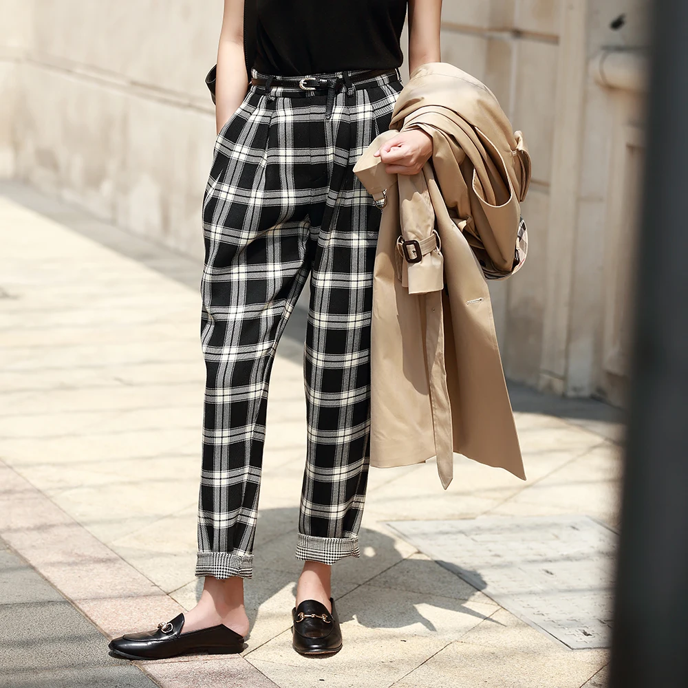 

2019 new autumn fashion pants women Double faced wool black white plaid checkered England long casual loose pants trousers women