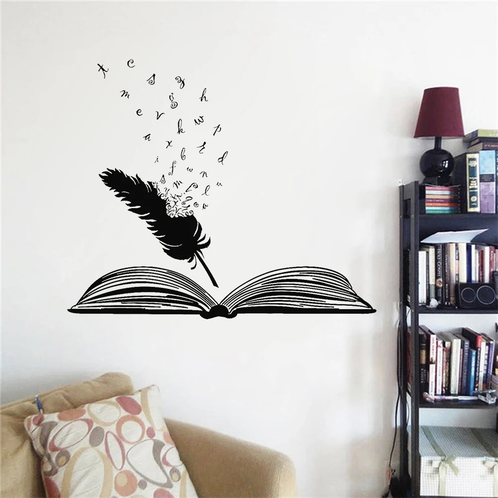 Library Study Wall Decal Vinyl Open Book Feather Words Literature Writer Art Wall Stickers School Decoration Accessories Z438