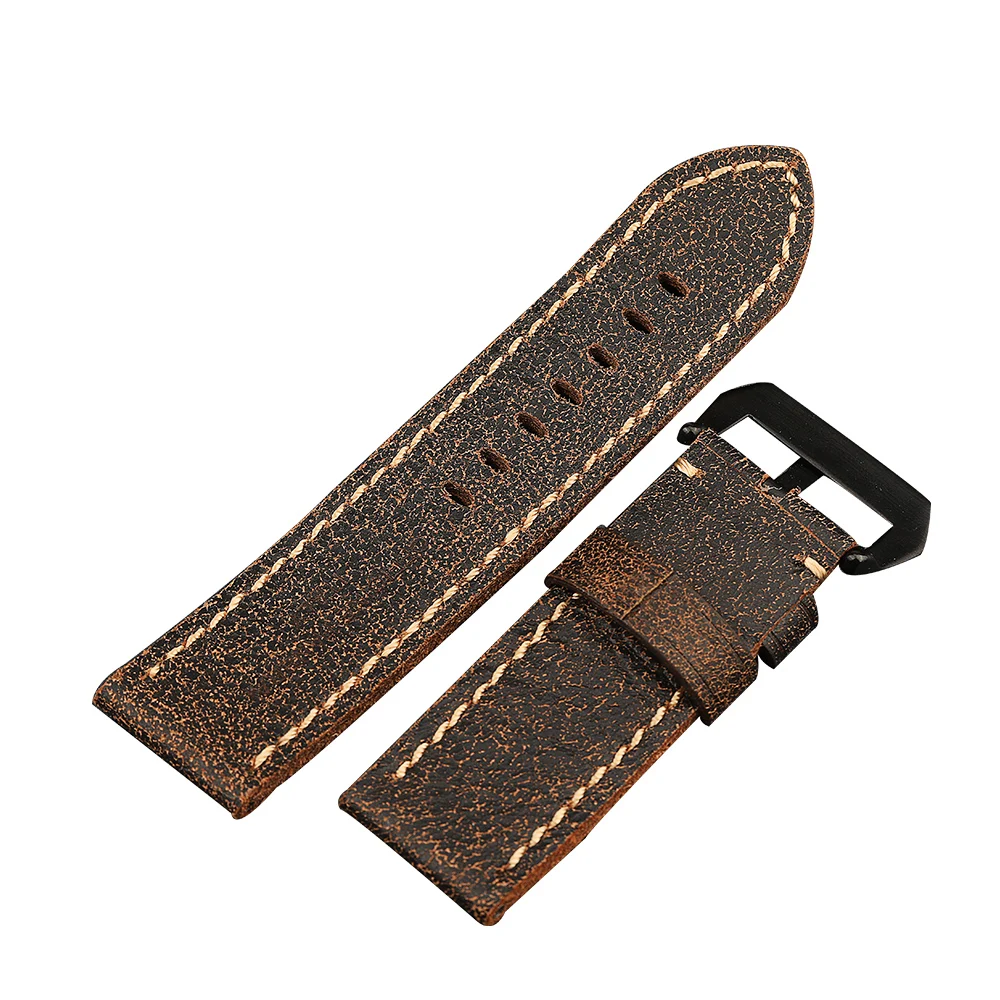 Hand-Cracked Old Vintage Top Layer Leather Watchband 22 24 26MM For 47MM PAM Soft Men\'s Watch Bracelet Vintage Style