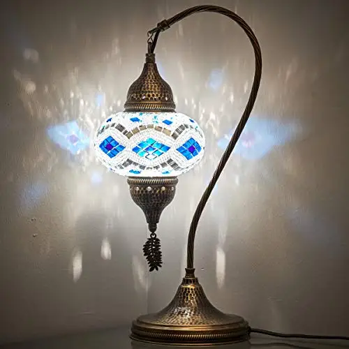 English Moroccan Tiffany Style Handmade Colorful Mosaic Table Desk Bedside Night Swan Neck Lamp Light Lampshade, Blue White, 19