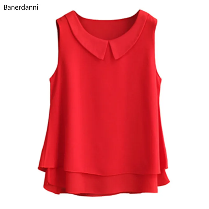 2025 Summer New Oversized Chiffon Blouse For Women Tops And Blouses Double Layer Collar Sleeveless Femme Blusas Femininas