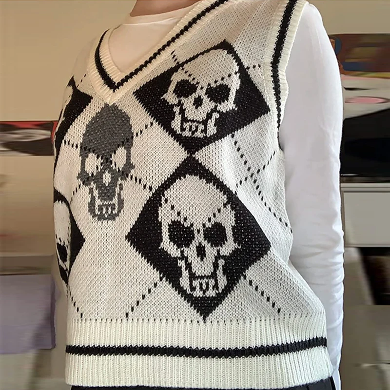 Y2K Gothic Knit Sweater Vest Skull Argyle Print Pattern Knitwear V-neck Pullover Fashion Jumper Top Fairy Grunge Streetwear