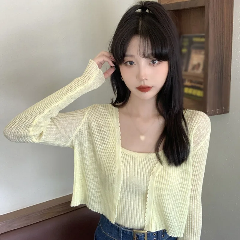 Ultra-thin Ice Silk Cardigan Female Sweet V-neck Short Knitting Breathable Top Solid Color Summer T-shirt